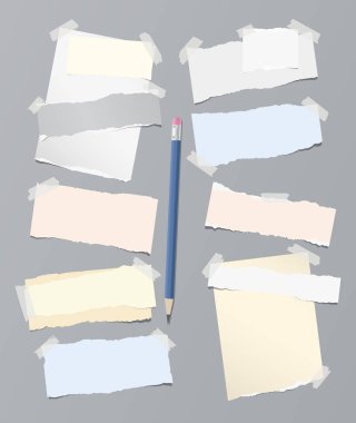 Not, metin için defter kağıt parçaları yırtılmış renkli pastel gri arka plan üzerinde mavi kalem ile sıkışmış. Vektör çizim.