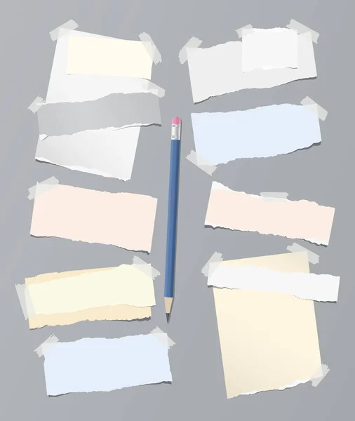 Colorful pastel torn note, notebook paper pieces for text stuck on gray background with blue pencil. Vector illustration. — Stock Vector