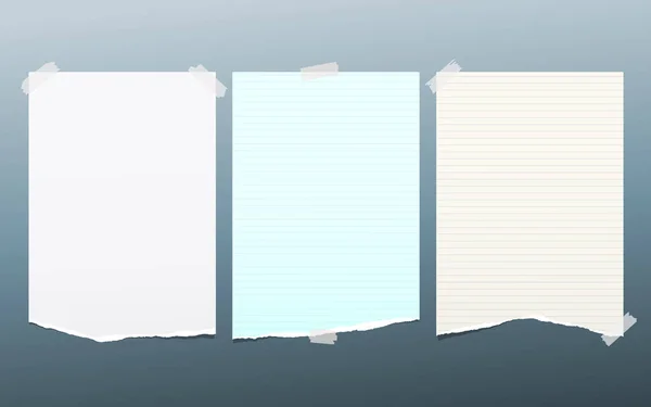 Nota strappata, pezzi di carta del taccuino per testo incollati con nastro adesivo su sfondo blu. Illustrazione vettoriale . — Vettoriale Stock