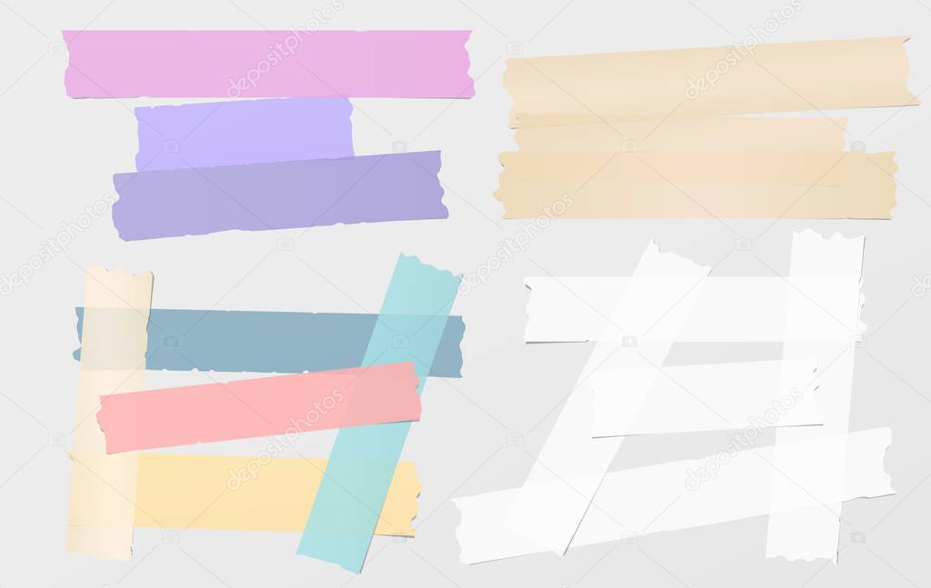 Colorful and white adhesive, sticky, masking, duct tape, paper strips, pieces for text on gray background