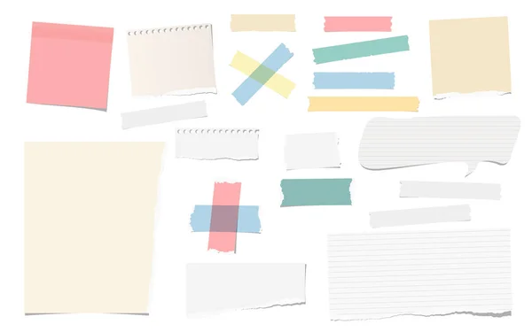 Colorful and white adhesive, sticky, masking, duct tape pieces torn note, notebook paper for text are isolated on white background. — Stock Vector