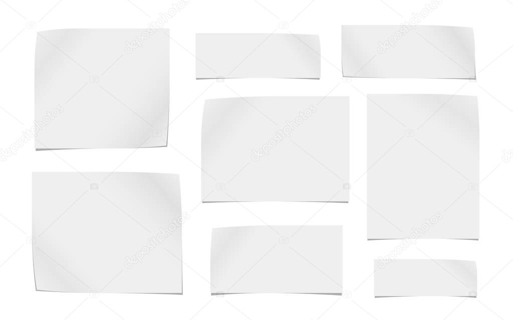 White cut out note, notebook paper pieces for text stuck on white background. Vector illustration.