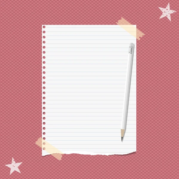 Nota rayada blanca rasgada, hoja de papel de cuaderno para texto con lápiz, pegada sobre fondo rojo cuadrado con estrellas en esquinas. Ilustración vectorial — Archivo Imágenes Vectoriales