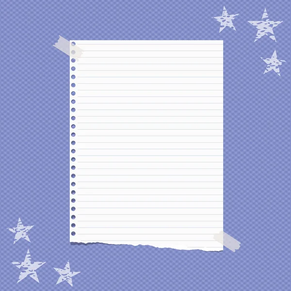 Roztrhané bílé lemované Poznámka, list papíru poznámkového bloku textu, přilepená na čtvercové modré pozadí s hvězdami na rozích. Vektorové ilustrace — Stockový vektor