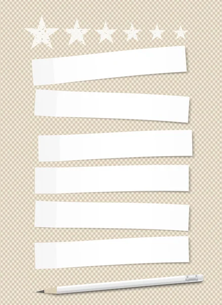 Sæt af hvide vandrette sticky noter papir til tekst fast på brun kvadreret baggrund med stjerner og blyant . – Stock-vektor