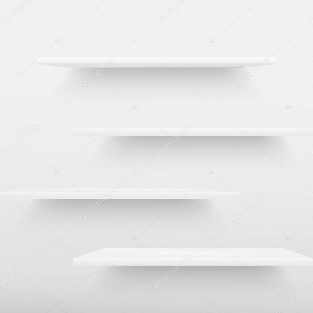 Shelves with beams of light from top in empty white room. 3D rendering