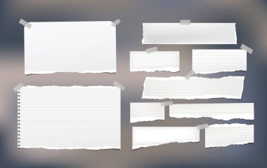 Pieces of torn white lined and blank note, notebook paper strips for text stuck with sticky tape on colorfu background. clipart