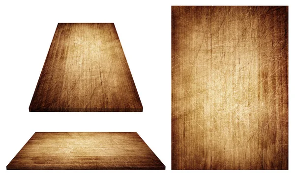 Zerkratzte braune Holzplatte, Tisch, Fußbodenoberfläche, Holzstruktur. Objekte sind auf weißem Hintergrund isoliert — Stockfoto