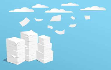 Stack of white sheets and flying paper in blue background with clouds on blue sky clipart