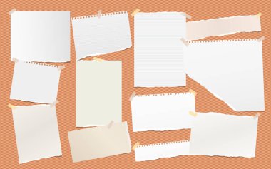 Yırtık Not defter kağıt parçaları turuncu kare arka plan üzerinde sıkışmış metin için. Vektör çizim.
