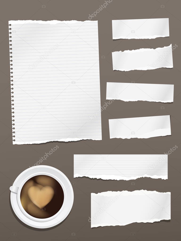 Torn note, notebook paper pieces for text stuck on dark background with cup of coffee. Vector illustration.