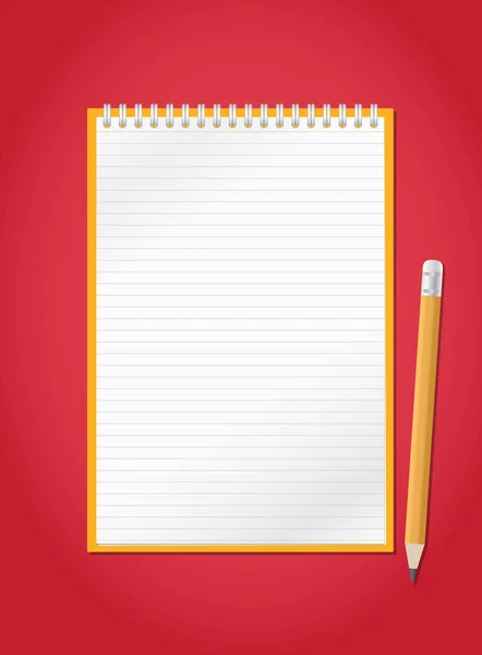 Το σημειωματάριο ανοίξτε φόδρα ρεαλιστικό το σημειωματάριο με σπείρα και μολύβι είναι σε κόκκινο φόντο. — Διανυσματικό Αρχείο