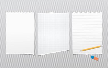 Yırtık beyaz çizgili, boş Not parçaları, defter kağıt sayfalarının kare zemin üzerine kalem ile sıkışmış metin için silgi