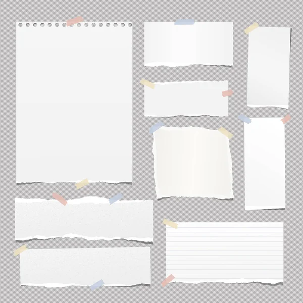 Κομμάτια του σχισμένη λευκή φόδρα και κενή σημείωση, σημειωματάριο χαρτί λουρίδες για το κείμενο κολλήσει στο τετράγωνο φόντο — Διανυσματικό Αρχείο