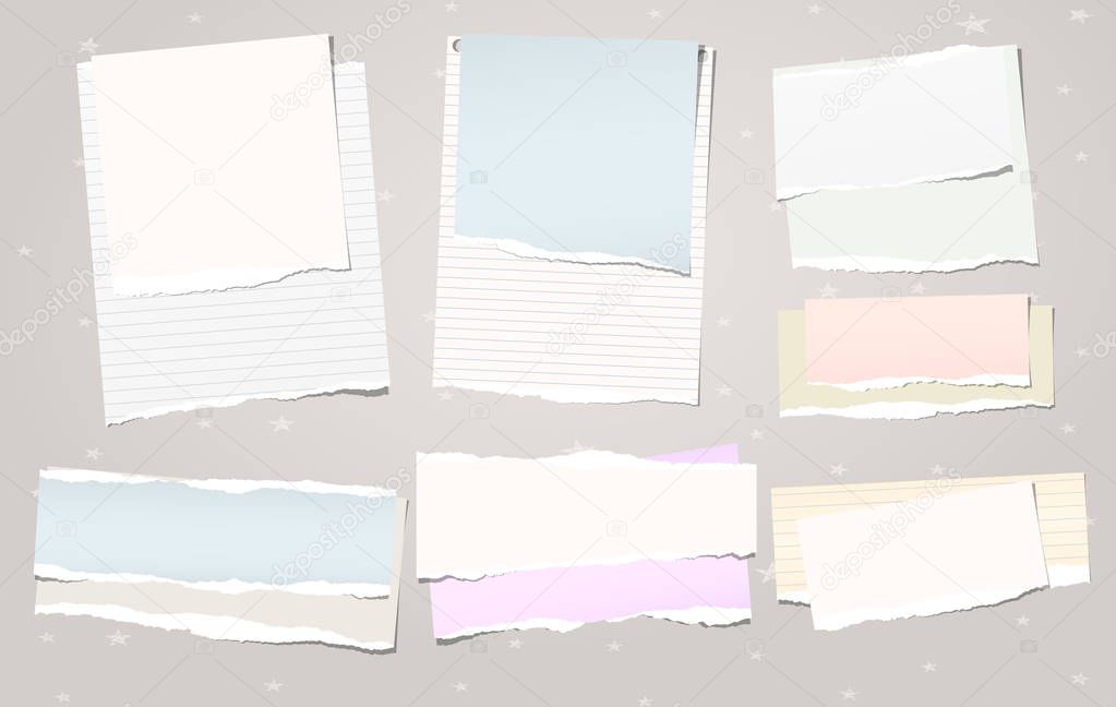 Pastel torn note, notebook paper pieces for text stuck on grey background with stars. Vector illustration.