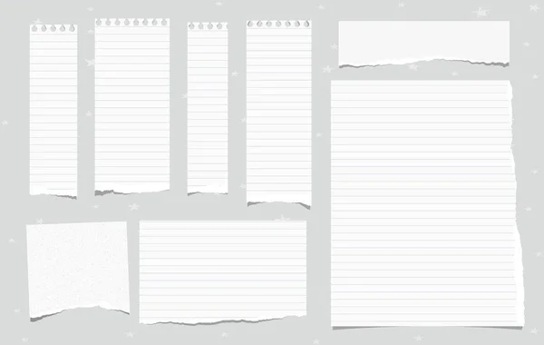 Conjunto de notas blancas desgarradas, cuadernos de papel para texto pegado sobre fondo gris con estrellas. Ilustración vectorial . — Vector de stock