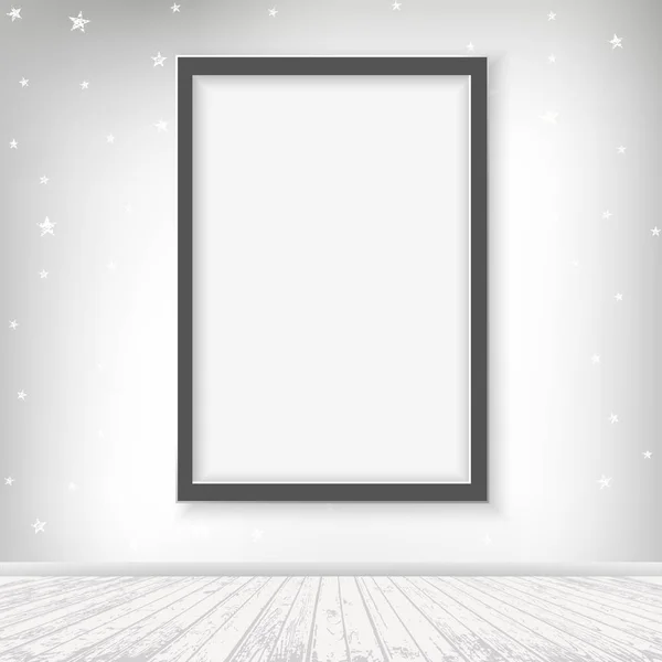 Intérieur de lumière vectorielle avec cadre plancher en bois blanc et fond mural blanc avec motif étoiles — Image vectorielle