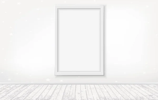 Διάνυσμα φωτεινούς εσωτερικούς χώρους με πλαίσιο λευκό ξύλινο δάπεδο και τοίχο λευκό φόντο με σχέδιο αστέρια — Διανυσματικό Αρχείο