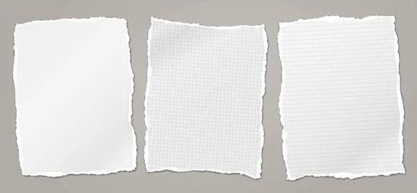 Nota rasgada blanca, cuadrada y forrada, piezas de papel de cuaderno pegadas sobre fondo gris. Ilustración vectorial — Archivo Imágenes Vectoriales