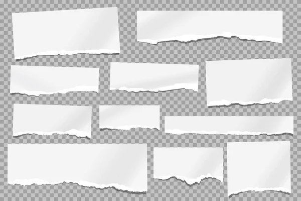 Conjunto de notas blancas desgarradas, piezas de papel para cuadernos, cintas recordatorias pegadas sobre fondo cuadrado gris. Ilustración vectorial — Vector de stock