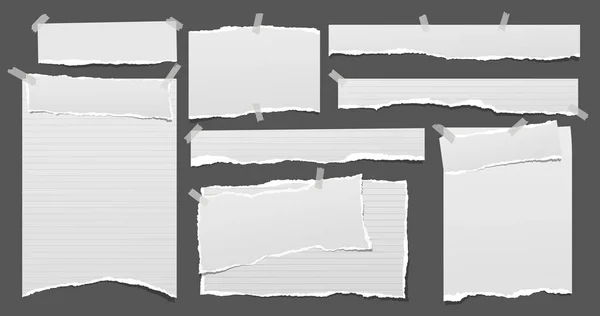 Ensemble de notes blanches déchirées, de bandes de papier pour ordinateur portable et de morceaux collés avec du ruban adhésif sur fond noir. Illustration vectorielle — Image vectorielle