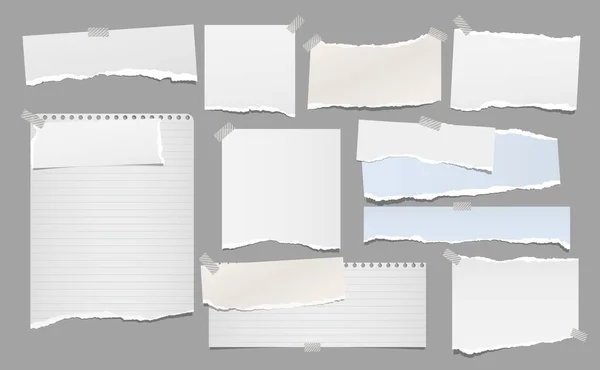 Conjunto de notas blancas rotas, tiras de papel para cuadernos y piezas pegadas con cinta adhesiva sobre fondo gris. Ilustración vectorial — Vector de stock