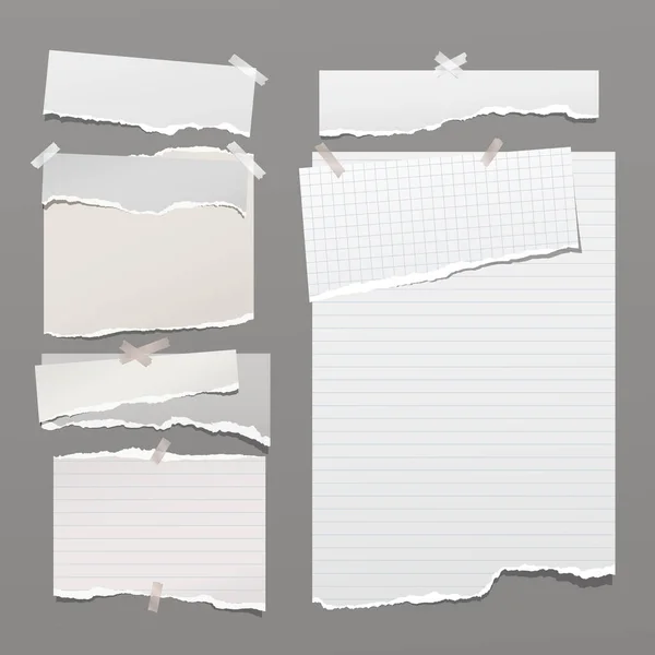 Set of torn white, lined note, notebook paper strips and pieces stuck with sticky tape on dark grey background. Vector illustration — Stock Vector