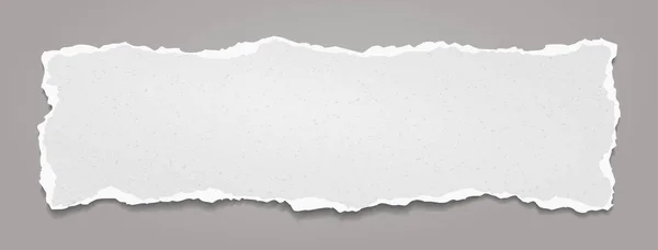 Kus roztrhaného, bílého realistického zrnitého vodorovného papírového proužku s měkkým stínem je na šedém pozadí. Vektorová ilustrace — Stockový vektor