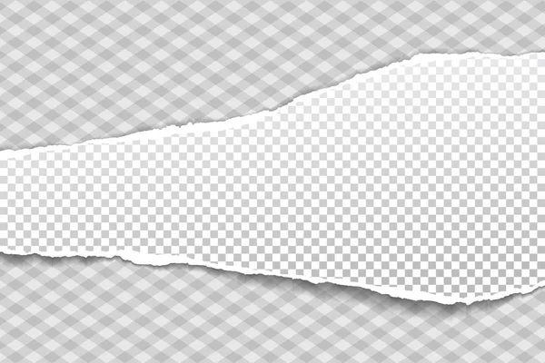 Piece of torn, white realistic horizontal paper strip with soft shadow is on squared background. Vector illustration — Stock Vector