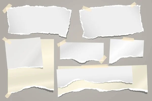 引き裂かれた白と黄色のノート、ノートブックペーパーストリップとグレーの背景に粘着テープで立ち往生作品のセット。ベクターイラスト — ストックベクタ