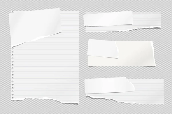 Conjunto de nota rasgada branca e forrada, tiras de papel de caderno e peças presas em fundo quadrado claro. Ilustração vetorial — Vetor de Stock
