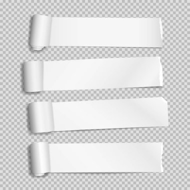 Yuvarlanmış ve yırtılmış beyaz kağıt parçaları, şeritler metinler için kare arkaplanda. Vektör illüstrasyonu