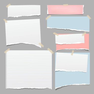 Yırtık beyaz ve renkli notlar, gri arka planda yapışkan bantla yapıştırılmış not defteri parçaları. Vektör illüstrasyonu