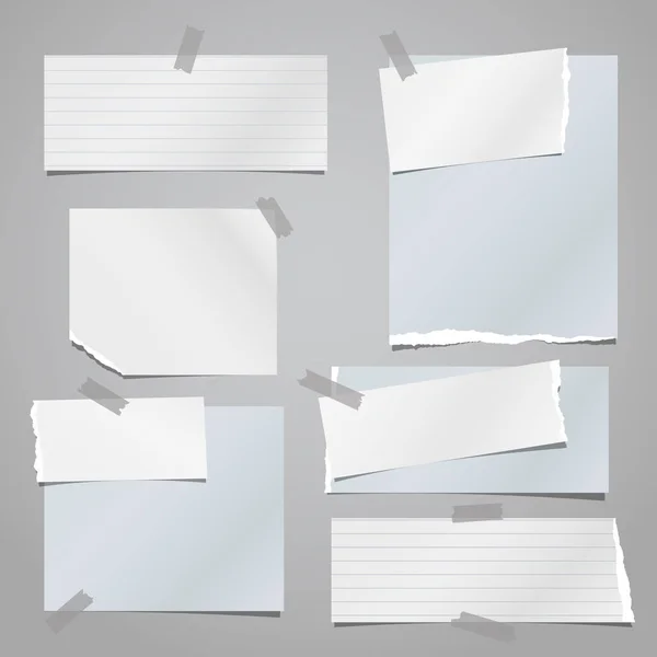 Conjunto de notas blancas y azules desgarradas, piezas de papel de cuaderno pegadas con cinta adhesiva sobre fondo gris. Ilustración vectorial — Vector de stock