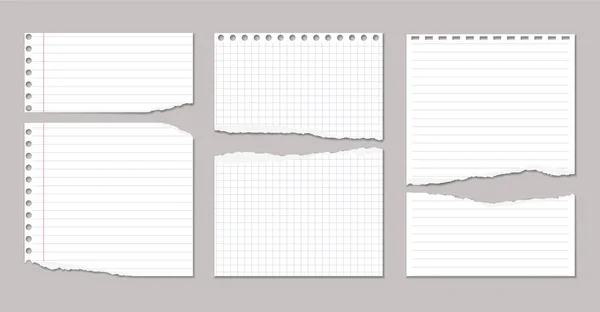 Torn white, squared and lined note, notebook paper pieces stuck on grey background. Vector illustration — Stock Vector