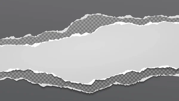 Pedaços de papel cinzento rasgado horizontal branco e quadrado com sombra macia estão no fundo preto para texto. Ilustração vetorial — Vetor de Stock