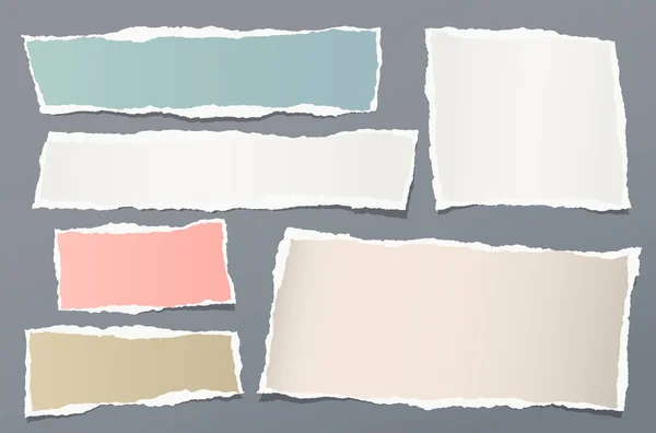 Set of torn white and colorful note, notebook paper pieces stuck on grey background. Vector illustration — ストックベクタ