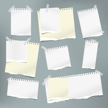 Yırtık beyaz ve sarı notlar, gri arka planda yapışkan bantla yapıştırılmış not defteri parçaları. Vektör illüstrasyonu