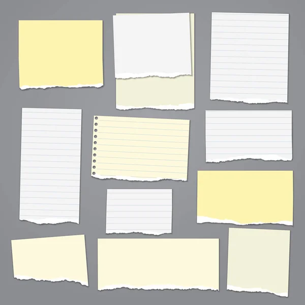 Satz zerrissener weißer und gelb linierter Notizzettel, Notizbuchstreifen und -stücke mit sanftem Schatten, die auf dunkelgrauem Hintergrund kleben. Vektorillustration — Stockvektor