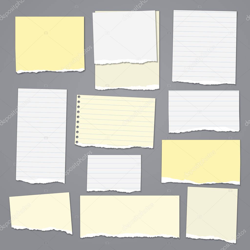 Set of torn white, and yellow lined note, notebook paper strips and pieces with soft shadow stuck on dark grey background. Vector illustration