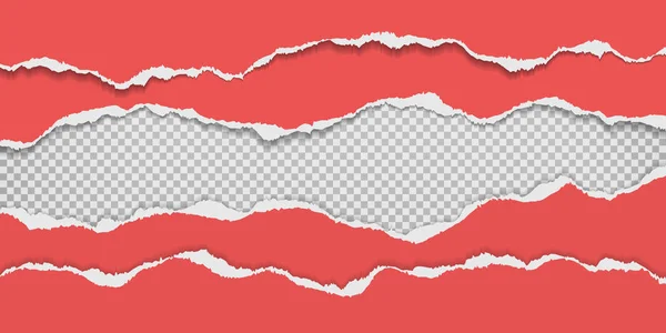 Strappati, strappati pezzi di carta orizzontale rosso vivo con ombra morbida sono su sfondo quadrato per il testo. Illustrazione vettoriale — Vettoriale Stock