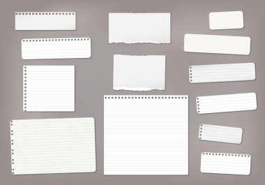 Yırtık beyaz çizgili notlar, defter şeritleri ve koyu kahverengi arka plana sıkışmış parçalar. Vektör illüstrasyonu