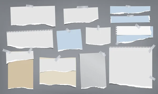 Ensemble de notes blanches et bleues déchirées, bandes de papier pour ordinateur portable et morceaux collés avec du ruban adhésif sur fond gris foncé. Illustration vectorielle — Image vectorielle