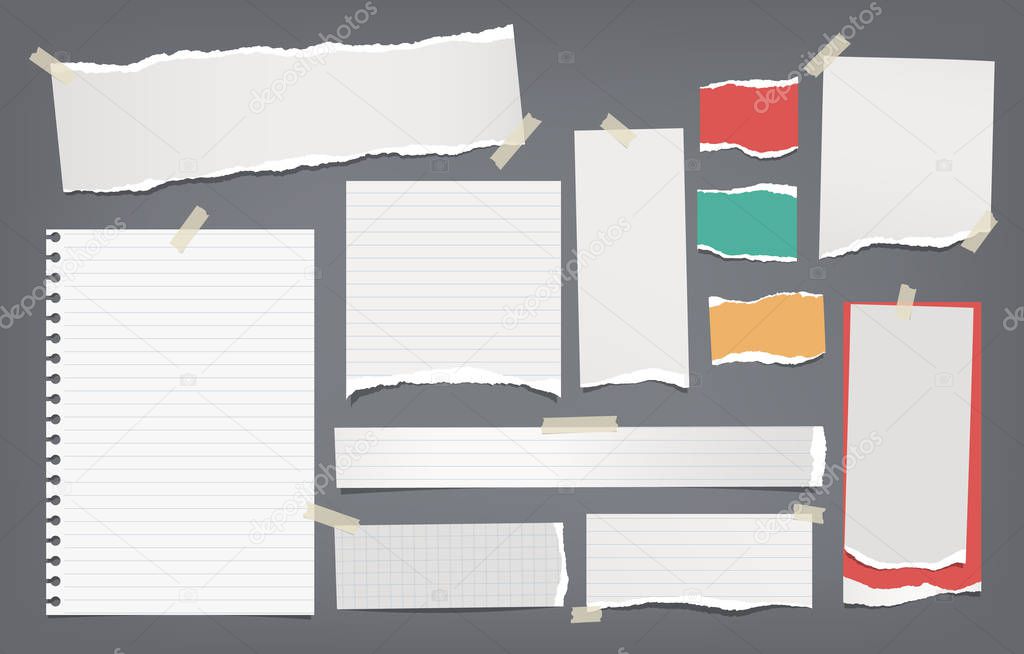 Torn white, colorful note, notebook paper strips and pieces stuck with sticky tape on dark grey background. Vector illustration