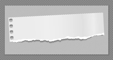 Yırtık beyaz bir not, defter şeridi, kare arkaplana sıkışmış bir parça. Vektör illüstrasyonu