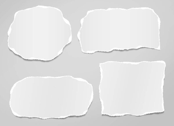 Куски порванной, порванной и белой бумаги с мягкой тенью находятся на сером фоне для текста. Векторная иллюстрация
