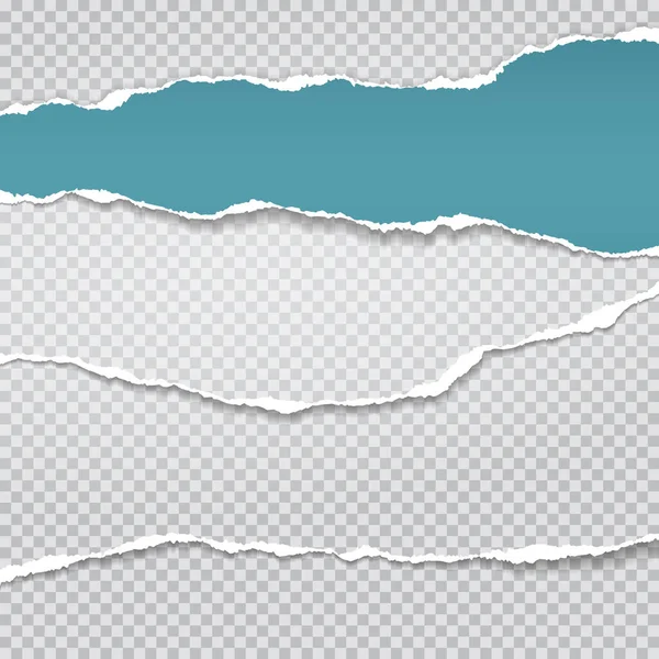 Zerrissene, zerrissene Stücke horizontalen blauen und weißen Papiers mit sanftem Schatten stehen auf grauem, quadratischen Hintergrund für Text. Vektorillustration — Stockvektor
