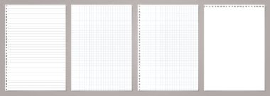 Beyaz çizgili ve kare nota, defter kağıdı gri arka plana sıkışmış. Vektör illüstrasyonu