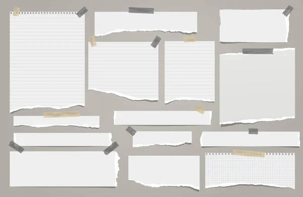 Satz zerrissener weißer linierter Notizen, Heftpapierstreifen und -stücke, die mit Klebeband auf grauem Hintergrund geklebt sind. Vektorillustration — Stockvektor