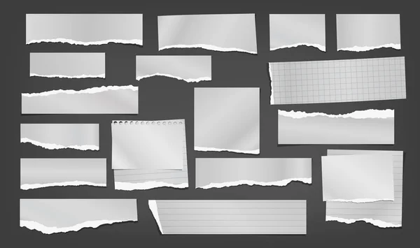 Set of torn white note, notebook paper strips and pieces stuck on black background. Vector illustration — Stock Vector